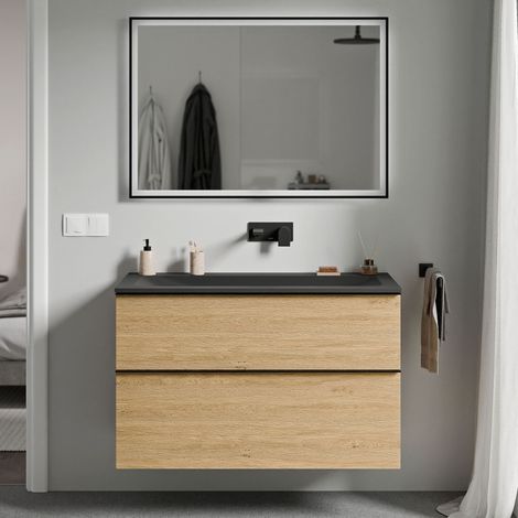 Unterschrank Bernstein LAVOA 100 cm mit Mineralguss Waschbecken CREAM - Griff Anthrazit matt, Badmöbelfarbe Eiche Honiggold, Waschbecken Schwarz matt ohne Hahnloch