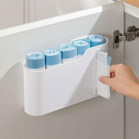 Support de sac poubelle, distributeur de sacs poubelle, distributeur compact avec fente intégrée pour rangement multi-rouleaux, cuisine, salle de bain et buanderie, blanc (1/5)