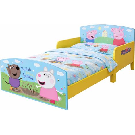 Kids Peppa Pig Toddler Bed Frame with Safety Rails - L144 x W74 x H59 cm - Assembly Required - Blue/Yellow