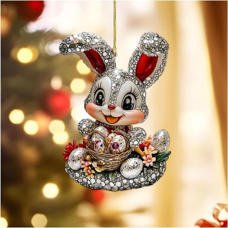 Lapin De Pâques - Décoration Arbre Pâques En Acrylique 2D Avec Panier D'Œufs - 7,4 x 8 cm - Lot De 1 à 6 Pièces (1/5)