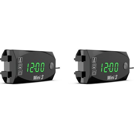 Adatto per due voltmetri/orologi digitali LCD impermeabili IP67, adatti per moto, scooter, auto e barche termometro 3 in 1 con luce verde.