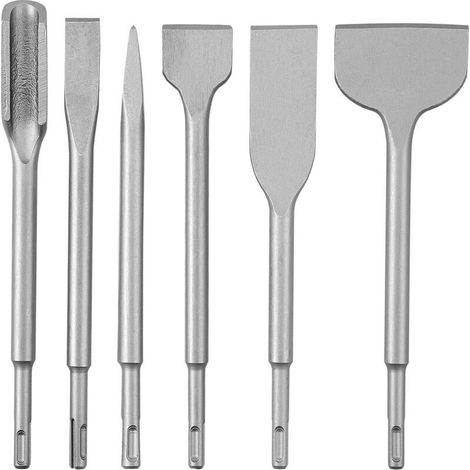 Jeu de 6 burins pour burin à béton , jeu de forets pour marteau perforateur, comprenant un burin pointu, un burin plat de 20 mm, 40 mm, 75 mm, un burin à carrelage de 35 mm et un burin en U (1/4)
