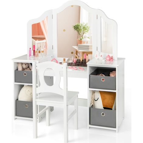 COSTWAY Kids Vanity Desk & Chair 2 in 1 Makeup Pretend Play Table-White + Gray (1/5)