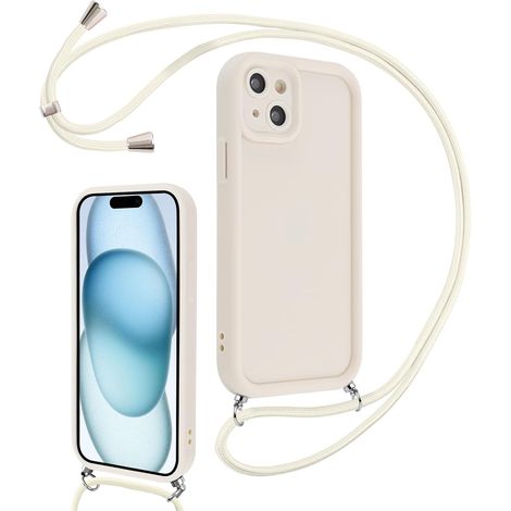 Coque pour iPhone 15 6,1" avec Cordon de Collier Réglable, Etui Protection de la Caméra Silicone Souple TPU Antichoc Housse avec Corde Lanyard Cover pour Femmes Filles, Blanc (1/5)