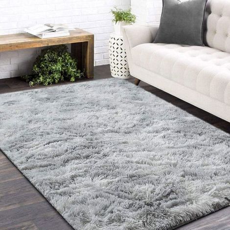 Tapis salon shaggy 80x160cm moelleux lavable blanc gris (1/4)