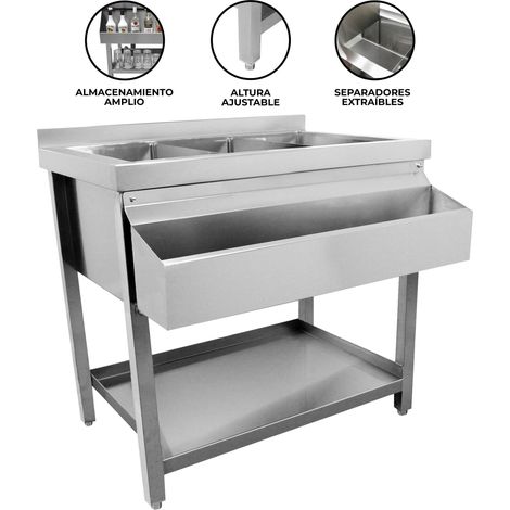 Barra de Coctelería para Bar y Pub de Acero Inoxidable para Preparar Cócteles y Drink Coctelera Prfoesional Kit Bartender Equipo Set Barman con 3 Contenedores para Hielo 85cm x 84cm x 72cm (1/5)