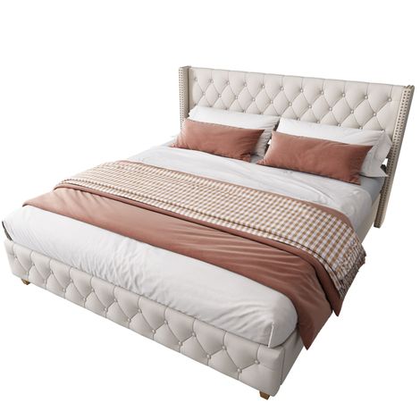 Letto Matrimoniale 180 × 200 cm con Testiera Imbottita e Borchie Decorative, senza Materasso, Beige (1/4)