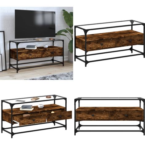 Meuble TV avec dessus en verre chêne fumé bois d'ingénierie - Meubles Tv - Meuble Tv - Support Tv - Unité Tv - Meuble Industriel - Home & Living