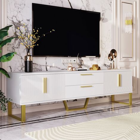 Mobile TV basso, MDF laccato lucido, 4 ante e 2 cassetti, bianco e oro, 170x40x53,5 cm (1/5)