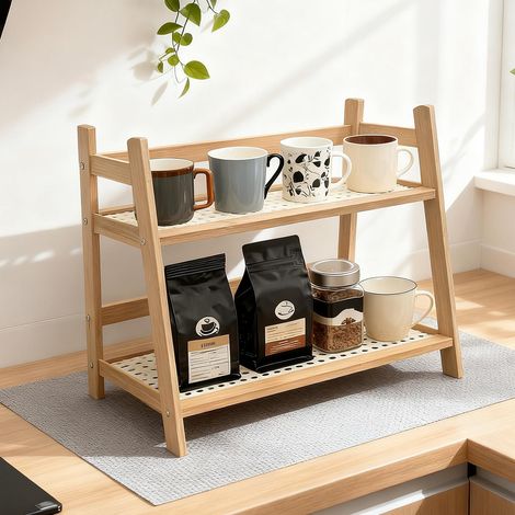 Kitchen Organizer Bamboo Faux Rattan 2 Tier Kitchen Decor Spice Rack Kitchen Shelf Kitchen Cupboard Organizer Tea Cup Holder for Living Room Office (1/5)