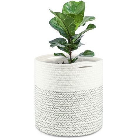 Panier Plante Coton Tissé 30cm Avec Doublure - Pot Fleurs Intérieur Noir Et Blanc - Rangement Salon