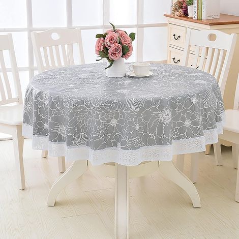 Runde PVC-Wachstuchtischdecke mit Blumen- und Spitzenmuster, fleckenabweisend und wasserdicht, für Esszimmer, Garten, Café, Party (Grau, 180 cm) (1/5)