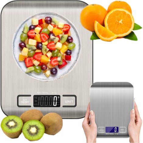 Bilancia da cucina elettronica di precisione con display LCD, capacità 5000 g, colore argento.