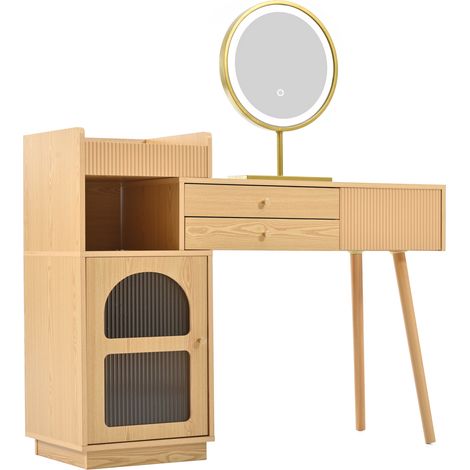 Coiffeuse en bois avec miroir LED et triple éclairage, 120x40x90 cm, couleur naturelle (1/5)