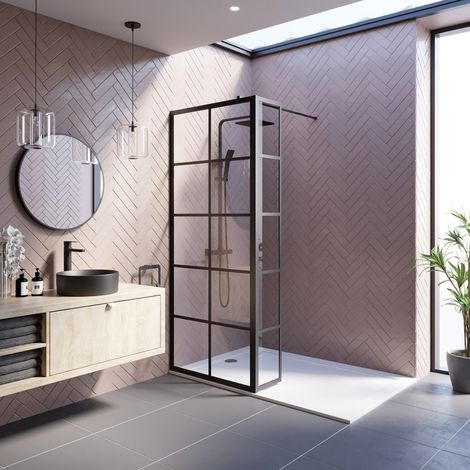 Wet Room Screen Walk In Enclosure 8mm Grid Glass Return Panel Black 800mm (1/5)