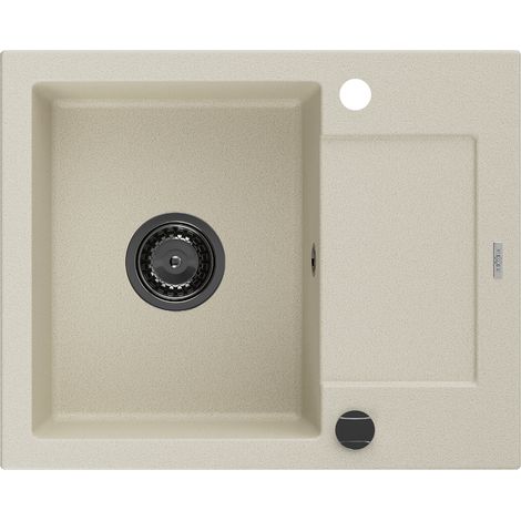 Mexen Enzo Granitspüle mit einem Becken und einer Abtropffläche 576 x 465 mm, Beige, Siphon Schwarz (1/5)