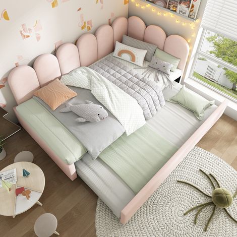 Banquette‑lit Rembourrée 90x200cm – Canapé‑lit avec lit gigogne 90 × 190 cm – Sommier à lattes pour enfant – Revêtement en velours – Rose – Matelas non inclus (1/5)