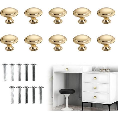 Lot de 10 boutons de meuble ronds de 30 mm pour placards, poignées de cuisine rondes avec vis pour tiroirs, armoires, portes et salles de bain (doré) (1/5)