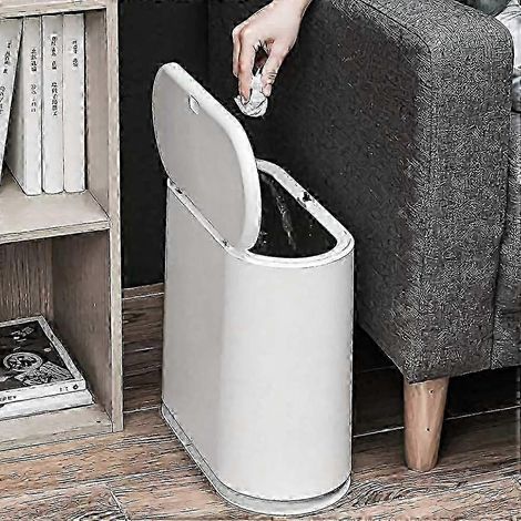 Poubelle 2025, 10 litres / 2,4 gallons, bac à déchets mince en plastique avec couvercle à pression, blanc, pour cuisine et salle de bain (1/5)