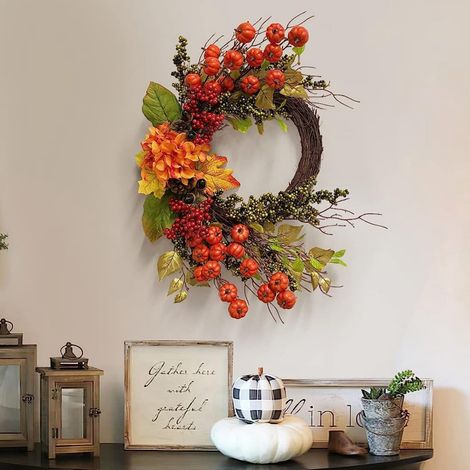 Guirlande Automnale - Guirlande en Rotin avec Citrouilles Fausses et Baies - Décoration Porte Extérieure Intérieure - 60 cm (1/5)