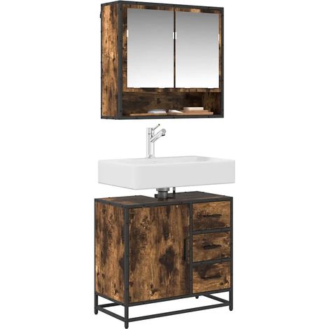 Armoire de lavabo rétro salle de bain design industriel 65 x 33 x 60 cm en bois chêne fumé (1/5)