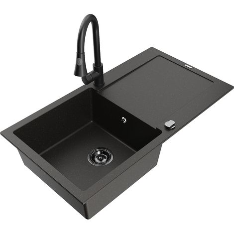 Mexen Leo Granitspüle 1-Becken mit Abtropffläche und Küchenarmatur Elia, schwarz/gold metallic - 6501-75-670101-70-B (1/5)