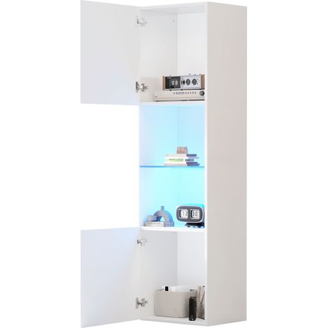 Vitrine colonne blanche brillante avec LED et porte vitrée, 1 étagère en verre trempé, meuble de rangement pour salon ou chambre, 45 x 35 x 160 cm (1/5)