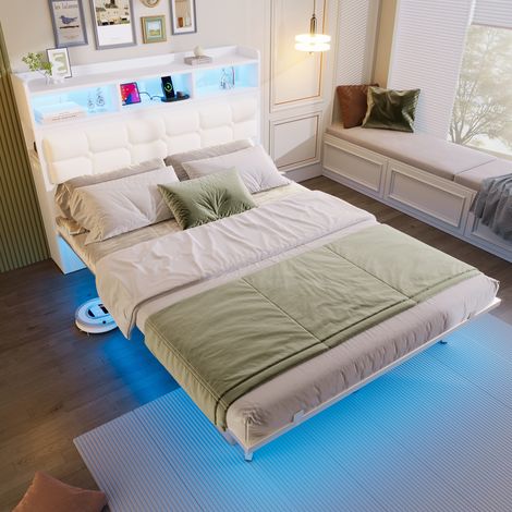 Doppelbett 140x200cm Weiß, ausziehbare Nachttische, LED, USB/Typ-C Ladefunktion, Komfort & Stauraum