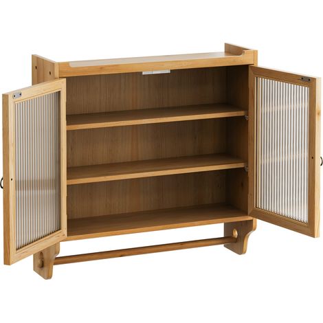 Meuble mural double porte vintage en bois avec portes vitrées et porte-serviettes, 63 cm, pour salle de bain, cuisine ou salle à manger, couleur bois naturel (1/5)