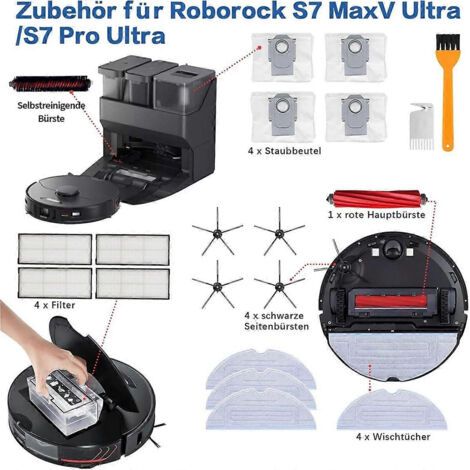 NALOOKAMIC Accès aux pièces de rechange pour le Roborock S7 Maxv Ultra : brosse latérale principale, filtre HEPA, lingette, sac à poussière (1/4)