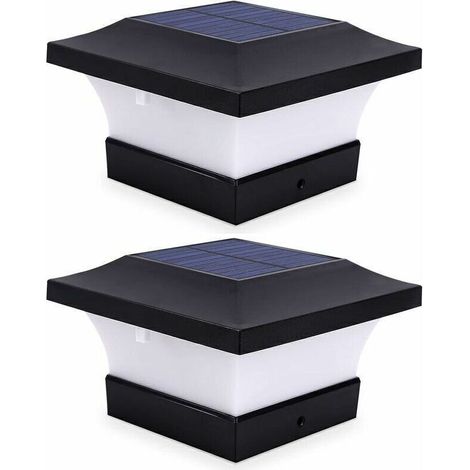 Lot de 2 lampes solaires pour poteau d'extérieur pour éclairage de pont de clôture, éclairage solaire LED haute luminosité 6000 K blanc pour poteaux 4 x 4, 5 x 5 ou 6 x 6 (1/4)
