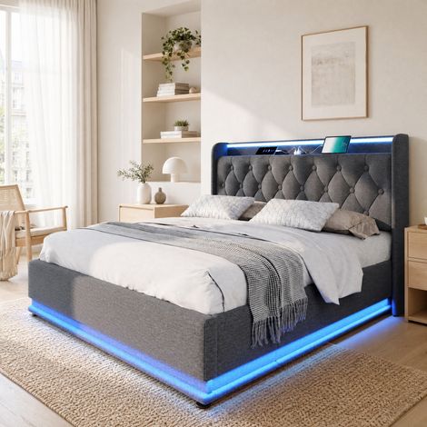 CHICFURN Cama canapé 160x200 cm gris de lino con LED y carga USB Tipo-C, sin colchón (1/5)
