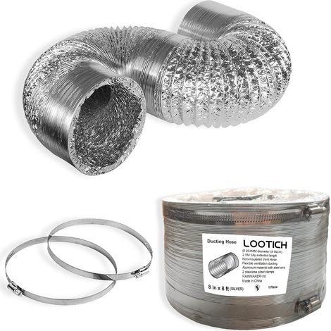 1 Conduit Flexible Aluminium 204mm Longueur 2,5m Kit Raccord Acier Ventilation Salle Bain Cuisine Sèche-linge