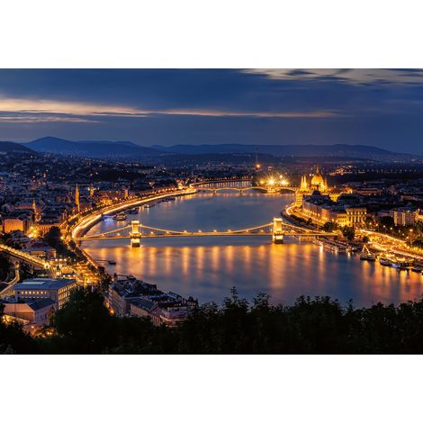 Papier peint panoramique Budapest | Tapisserie panoramique urbaine capitale | Papier peint panoramique paysage ville de nuit bleu et jaune - 384 X 260 cm (8 pièces) (1/2)