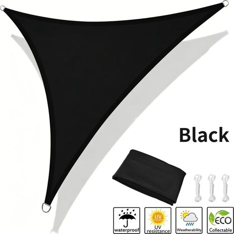 (Noir, 250x250x250CM) Voile d'ombrage triangulaire, imperméable et résistante aux UV, adaptée aux terrasses de jardin extérieures. (1/5)