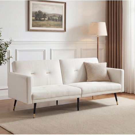 Divano letto 2 posti 178x94.5x90 cm beige in velluto con schienali reclinabili e struttura robusta (1/5)