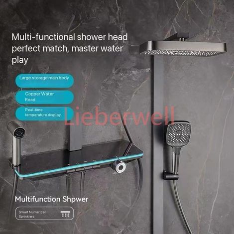 Ensemble de robinetterie de douche numérique intelligente gris, style piano, avec système de pluie, mitigeur numérique gris et douchette bidet (1/4)