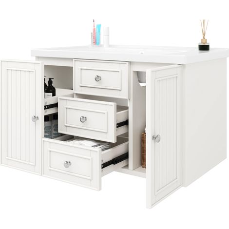Meuble de salle de bain avec vasque en céramique- 3 tiroirs et armoire –Lavabo suspendu- Façade laquée -78,5×46×46,8 cm- Blanc