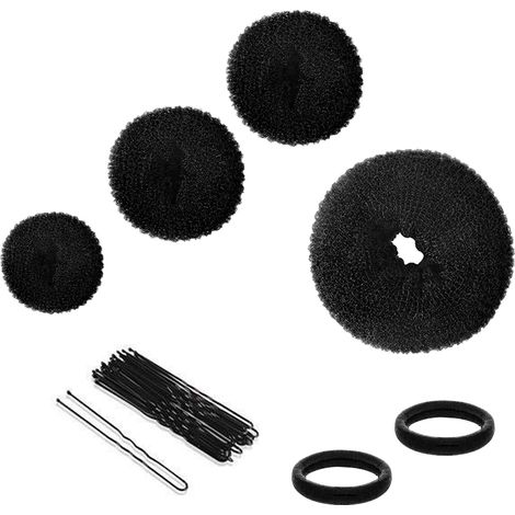 Donuts Chignon Magique 4 Pièces,Accessoire Coiffure Cheveux Donut Chignon pour Femme,Faux Chignon et Hair Bun Maker Inclus,Donuts pour Cheveux avec 2PCS de Corde de Tête et 10PCS de U-clip (Noir) (1/5)
