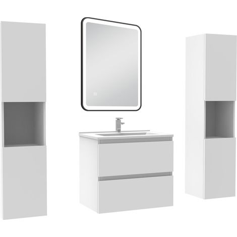 Acezanble Meubles Salle de Bain 60cm avec colonne + miroir lumineux 3 couleurs + dimmable blanc