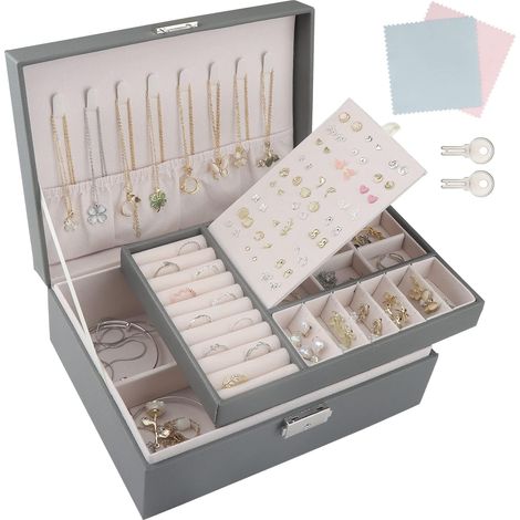 Boite a Bijoux Femme,Rangement Bijoux 2 Couches,Boite à Bijoux Verrouillable avec Clef,Boîtes à Bijoux et Présentoirs pour Filles Femme Colliers,Bracelets, bagues et boucles d'oreilles(gris) (1/5)