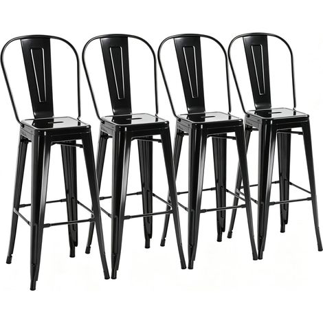 Set di 4 sgabelli da bar in metallo nero con schienale rimovibile e poggiapiedi (1/5)