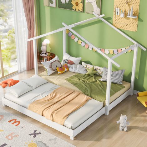 Cama cabaña infantil de 90x190 y 180x190 cm, cama convertible con base de láminas, estructura de madera, blanco, sin colchón (1/5)