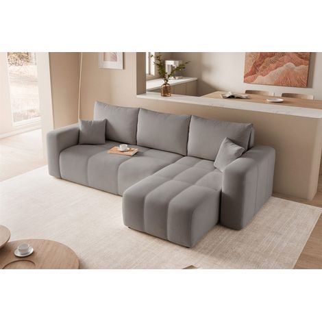 Ecksofa Schlafsofa Sofa LEROS in Stoff Manila Grau Ottomane Rechts