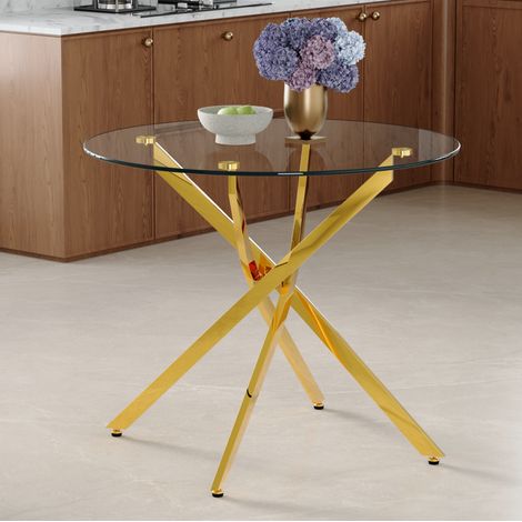 Mesa de comedor redonda Ø 88 cm de vidrio templado y metal dorado, 2-4 personas DESVIAE (1/5)