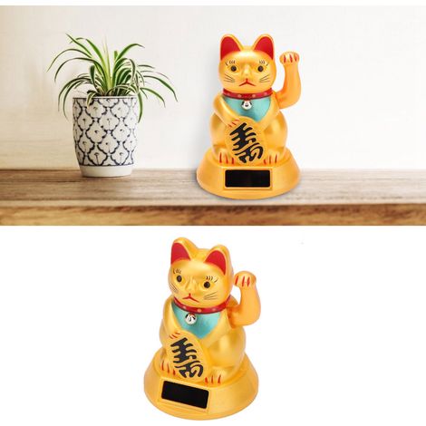 Figura de gato de la suerte con manivela solar – Coche/interior color dorado [1 pieza] – Plástico resistente, 8,5 x 12,5 cm (1/5)