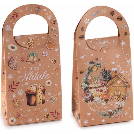 Sacchetti regalo di Natale con manico realizzati in carta kraft naturale con decori dolci natalizi, set da 36 pezzi, cm11,5x7,5x18H (con manici24)