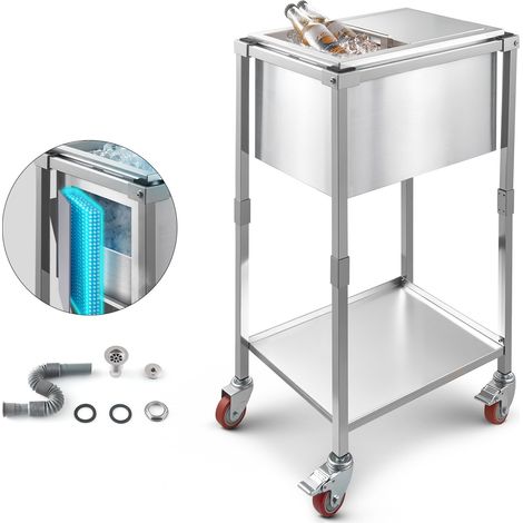 Glacière à roulettes, 510 x 360 x 970 mm, bac à glace encastrable roulant en acier inoxydable avec étagère, chariot à glace d'extérieur 28 L, pour terrasse, jardin, bar, restaurant, hôtel, fête (1/5)