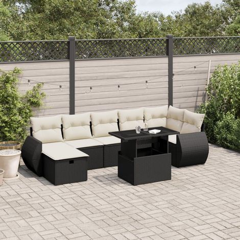 Ensemble Salon Jardin 8 Places Noir Résine Tressée - Canapés Modulables avec Table Verre et Coussins Crème (1/5)