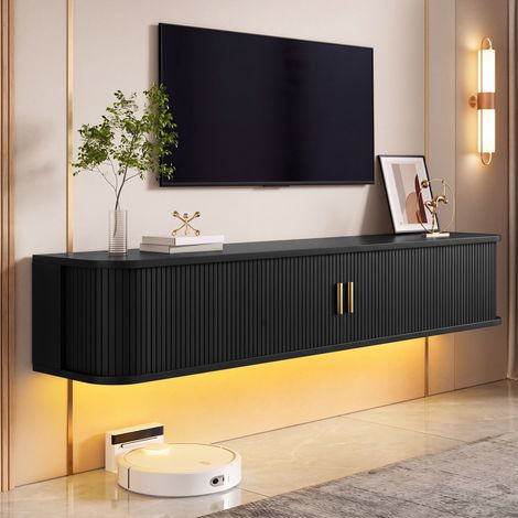 Meuble TV suspendu 175 cm, banc TV mural avec led, 2 portes coulissantes rainurées et compartiments de rangement, design flottant pour salon, noyer (1/5)